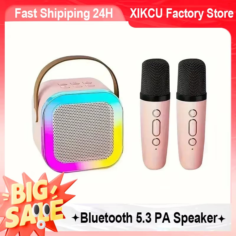 Portable Bluetooth 5.3 Karaoke Speaker with 1-2 Wireless Microphones 3D Surround Sound Home Family Singing for Aux/U Disk/Tf